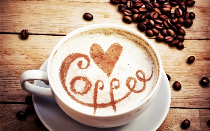 卡布奇诺咖啡，爱的心，咖啡豆 壁纸 图片