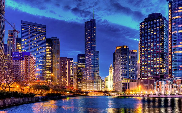 芝加哥，伊利诺伊州，美国，摩天大楼，河，灯，晚上 壁纸 图片