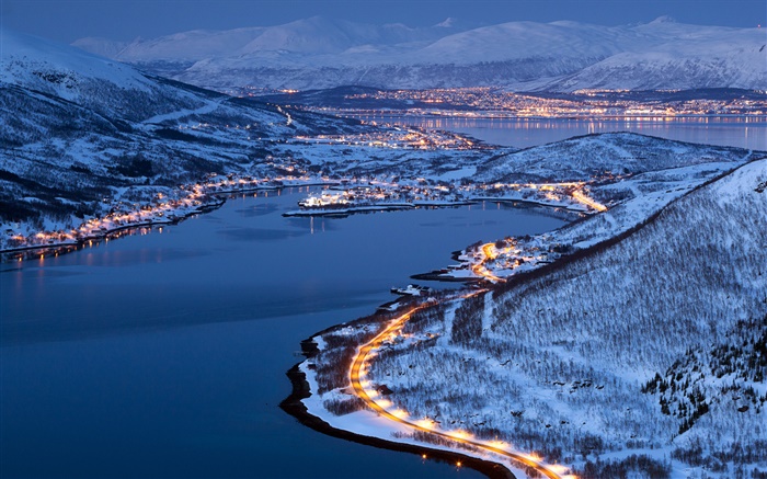 城市之光，雪，冬天，晚上，挪威特罗姆瑟 壁纸 图片