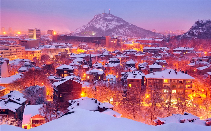 市，灯，冬天，晚上，雪，保加利亚普罗夫迪夫 壁纸 图片