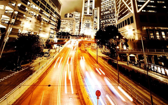 城市道路，夜晚，流光溢彩 壁纸 图片