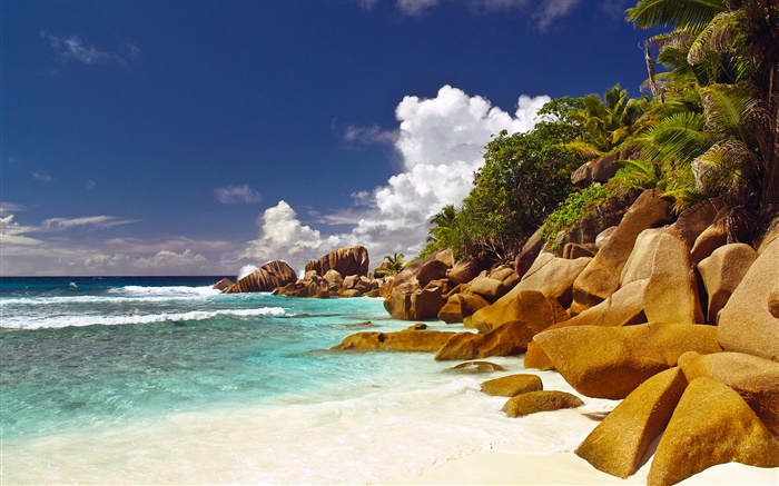 海岸，沙滩，石头，海，云，塞舌尔岛 壁纸 图片