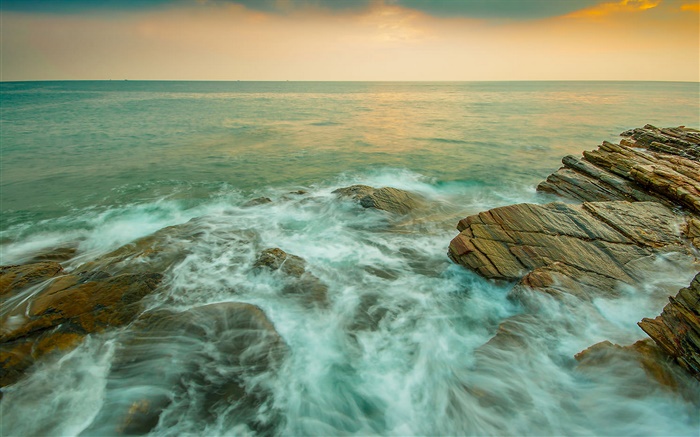 海岸，海，石，流，黄昏 壁纸 图片