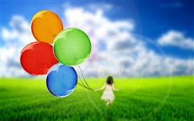 五颜六色的气球，可爱的女孩，草，绿色，天空 高清壁纸