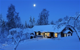 乡间别墅，夜晚，冬天，雪，月，达拉纳，瑞典 高清壁纸