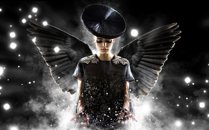 创意设计，天使女孩，黑色的翅膀 壁纸 图片