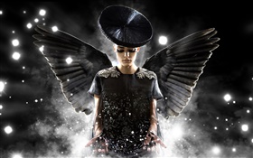 创意设计，天使女孩，黑色的翅膀 高清壁纸