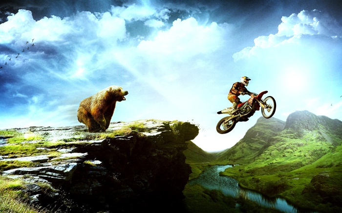 创意图片，熊追逐摩托车 壁纸 图片
