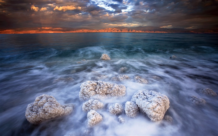 死海，盐，云，黄昏 壁纸 图片