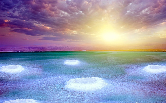 死海，日落，盐，云 壁纸 图片