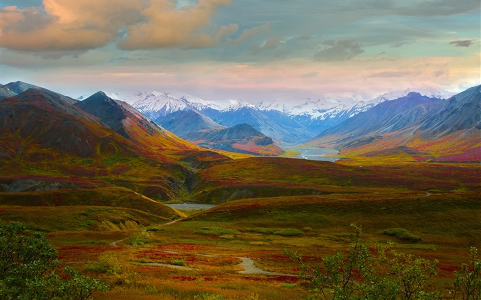 迪纳利国家公园，阿拉斯加，美国，美丽的风景，丘陵，河流 壁纸 图片