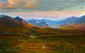 迪纳利国家公园，阿拉斯加，美国，美丽的风景，丘陵，河流 高清壁纸