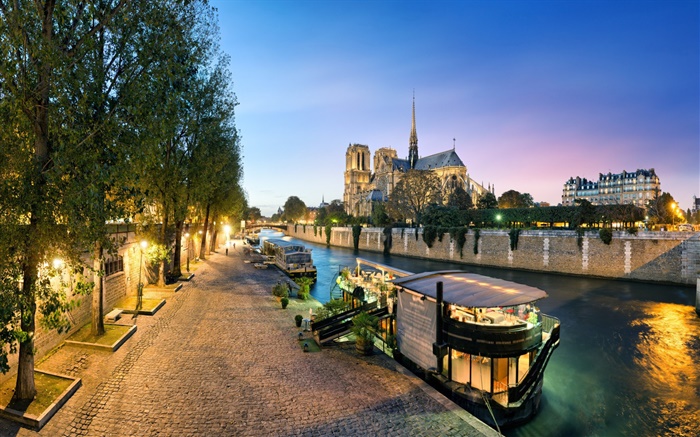 法国，巴黎圣母院，河，船，晚上，灯 壁纸 图片