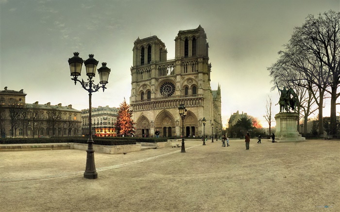 法国，巴黎圣母院，街道，人，黄昏 壁纸 图片