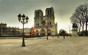 法国，巴黎圣母院，街道，人，黄昏 高清壁纸
