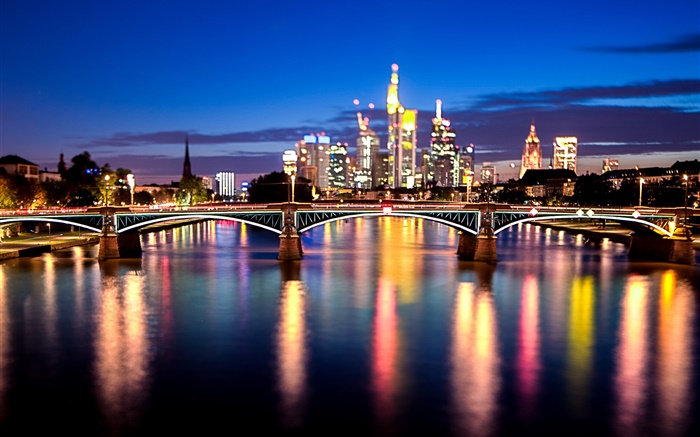 法兰克福，美因河，德国，城市，桥，灯，晚上 壁纸 图片