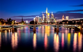 法兰克福，美因河，德国，城市，桥，灯，晚上 高清壁纸