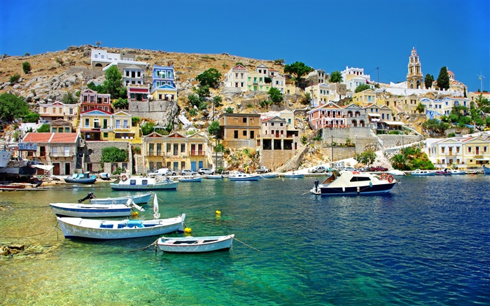 希腊，房子，海岸，海，船 壁纸 图片