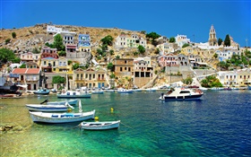 希腊，房子，海岸，海，船 高清壁纸