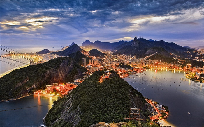 瓜纳巴拉湾，城市，海岸，晚上，灯，里约热内卢，巴西 壁纸 图片