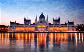 匈牙利，布达佩斯，议会大厦，晚上，灯，多瑙河，反射 高清壁纸