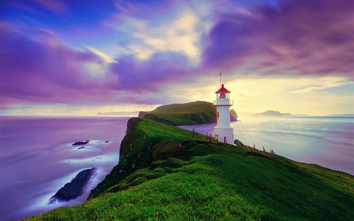 冰岛，法罗群岛，灯塔，海岸，黄昏，紫色的天空 壁纸 图片