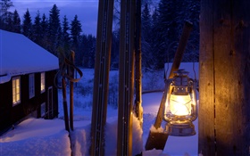 点亮的灯笼，门柱，瑞典，夜 高清壁纸