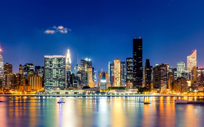 纽约，曼哈顿，美国，夜，摩天大楼，灯，海 壁纸 图片