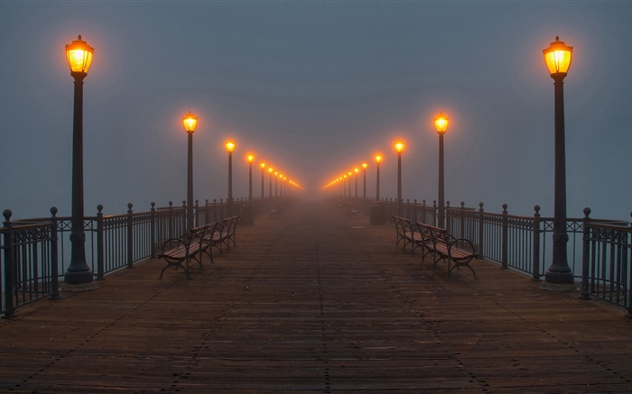晚上，桥梁，码头，灯，雾 壁纸 图片