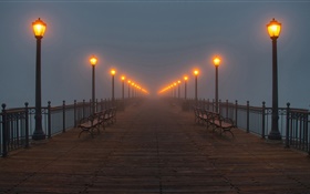 晚上，桥梁，码头，灯，雾