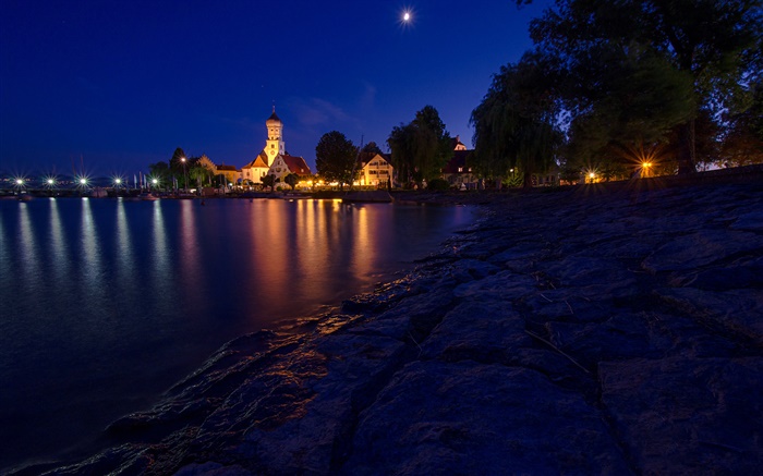 晚上，房子，灯，博登湖，巴伐利亚，德国 壁纸 图片