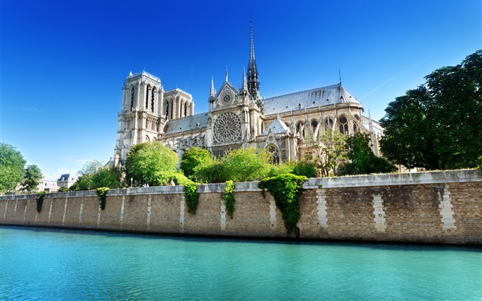 巴黎圣母院，法国，蔚蓝的天空，河流 壁纸 图片