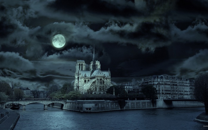 巴黎圣母院，法国，晚上，河，月亮 壁纸 图片