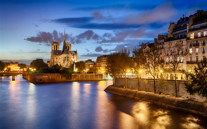巴黎圣母院，法国，河流，树木，房子，晚上，灯 壁纸 图片