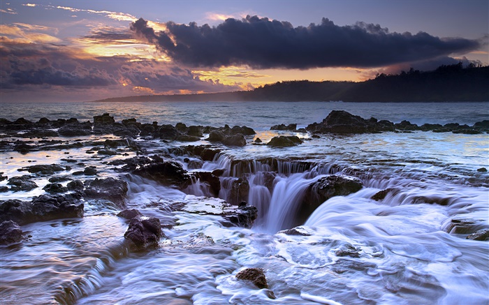 海洋，回流，日落，考艾岛，夏威夷，美国 壁纸 图片