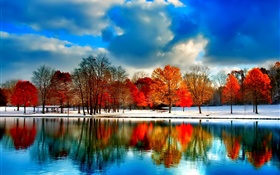 河，绿树成荫，秋，云，雪，蓝天 高清壁纸