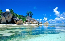 塞舌尔岛，风景秀丽，海，石，云，海滩 高清壁纸