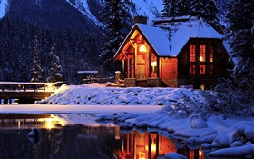 雪，晚上，小屋，翡翠湖，优鹤国家公园，加拿大