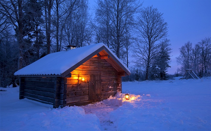 雪，木屋，光秃秃的树木，冬天的夜晚，瑞典 壁纸 图片