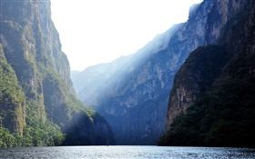 Sumidero峡谷，墨西哥，河流，山脉，悬崖，太阳光线