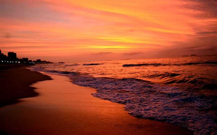 日落，海，黄昏，海浪，红色的天空 壁纸 图片