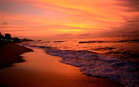 日落，海，黄昏，海浪，红色的天空 高清壁纸