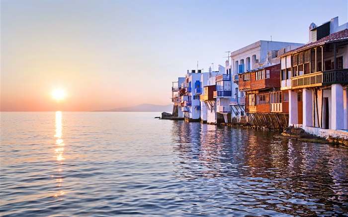 日落，海，房子，小威尼斯，米克诺斯，希腊 壁纸 图片
