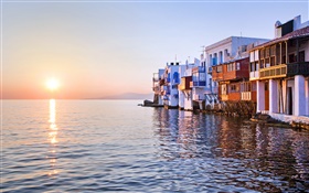 日落，海，房子，小威尼斯，米克诺斯，希腊 高清壁纸