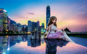 玩具，娃娃，美丽的女孩，城市，建筑，香港