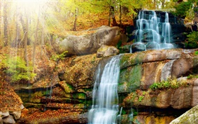 瀑布，石头，秋季，树木，太阳 高清壁纸