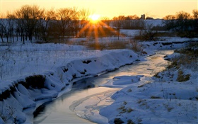 冬天，河，雪，树木，黎明，日出 高清壁纸