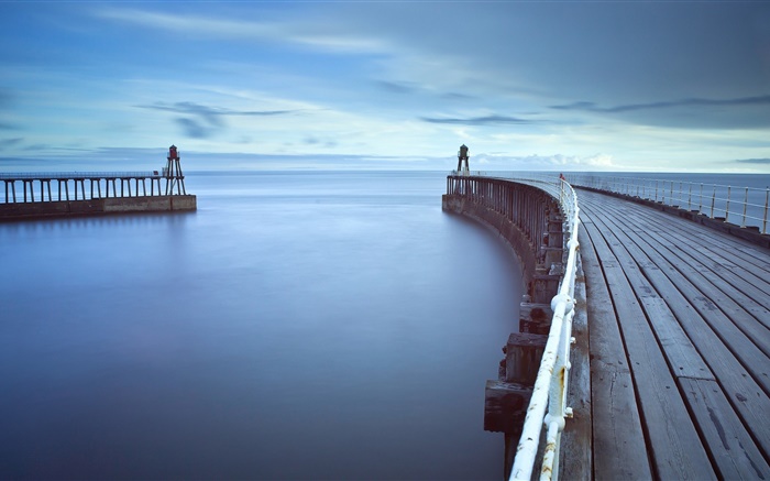 木桥，码头，灯塔，海，黎明 壁纸 图片
