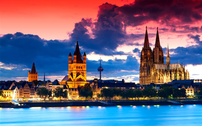 德国科隆大教堂，城市，晚上，河，云 壁纸 图片
