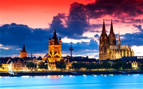 德国科隆大教堂，城市，晚上，河，云